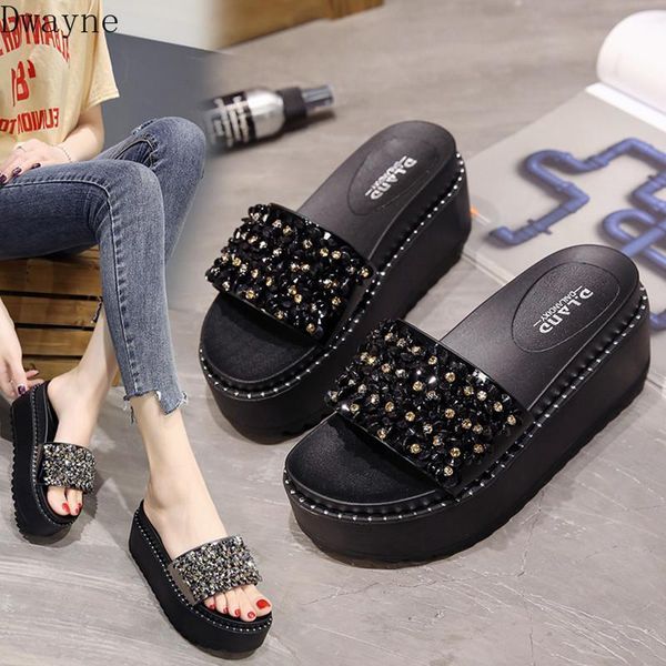 slippers one word drag female summer 2021 korean fashion beaded increase sandals and, Black