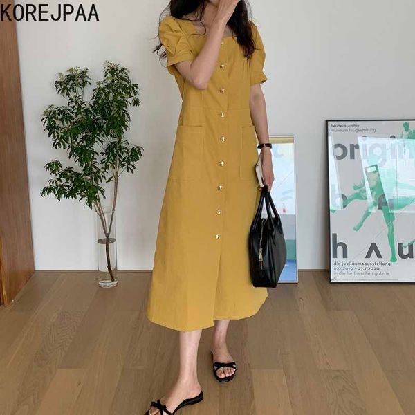 korejpaa women dress summer korean chic french elegant square neck metal single-breasted slimming puff sleeve vestidos 210526, Black;gray
korejpaa women dress summer korean chic french elegant square neck metal single-breasted slimming puff sleeve vestidos 210526, Black;gray