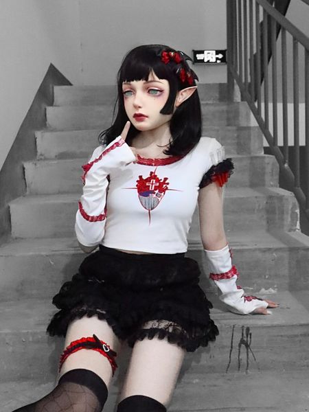 japanese design embroid red women t shirt heart lace short sleeve slim crop with arm gothic harajuku punk tee, White
japanese design embroid red women t shirt heart lace short sleeve slim crop with arm gothic harajuku punk tee, White