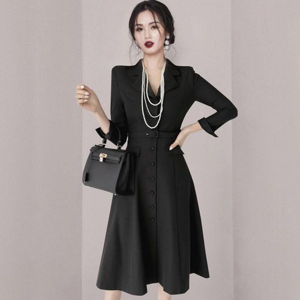casual dresses korea chic notched single-breasted autumn women's three quarter sleeved solid office business midi dress vestidos with be, Black;gray
casual dresses korea chic notched single-breasted autumn women's three quarter sleeved solid office business midi dress vestidos with be, Black;gray