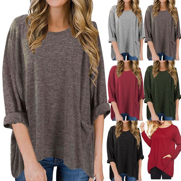 autumn / winter 2020 new round neck pocket solid t-shirt long sve loose top, White
