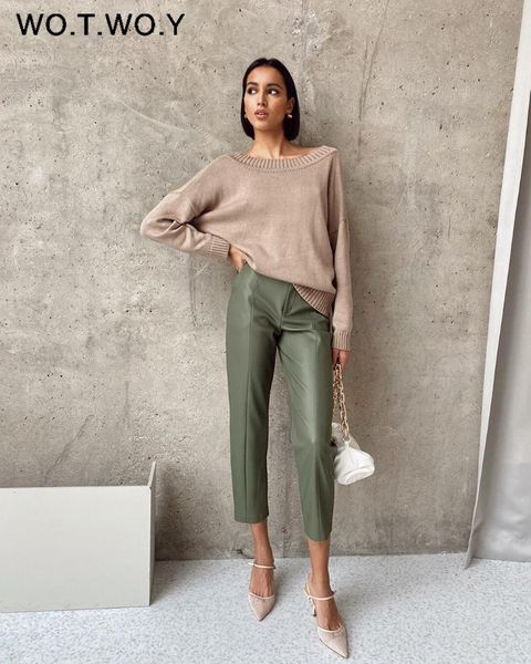 women's pants & capris wotwoy elegant spliced pu leather women high waist office lady fomal trousers female black straight with pockets, Black;white
women's pants & capris wotwoy elegant spliced pu leather women high waist office lady fomal trousers female black straight with pockets, Black;white
