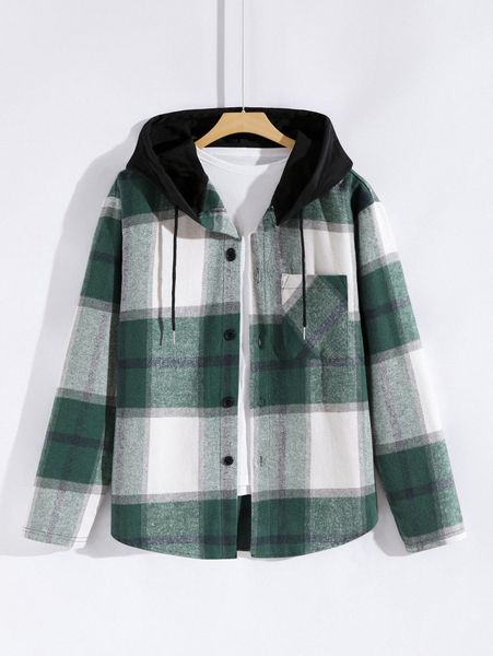 men plaid hooded pocket patched overcoat x6ot#, Black;brown
men plaid hooded pocket patched overcoat x6ot#, Black;brown