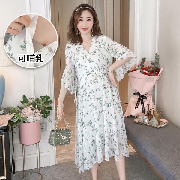 maternity dresses pregnant women's skirt v-neck short-sleeved floral chiffon dress long breastfeeding korean in summer, White
maternity dresses pregnant women's skirt v-neck short-sleeved floral chiffon dress long breastfeeding korean in summer, White