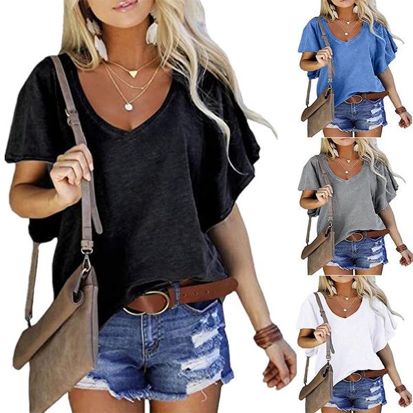 women's t shirts loose fashion summer solid color lotus sleeve v-neck short top, White
women's t shirts loose fashion summer solid color lotus sleeve v-neck short top, White