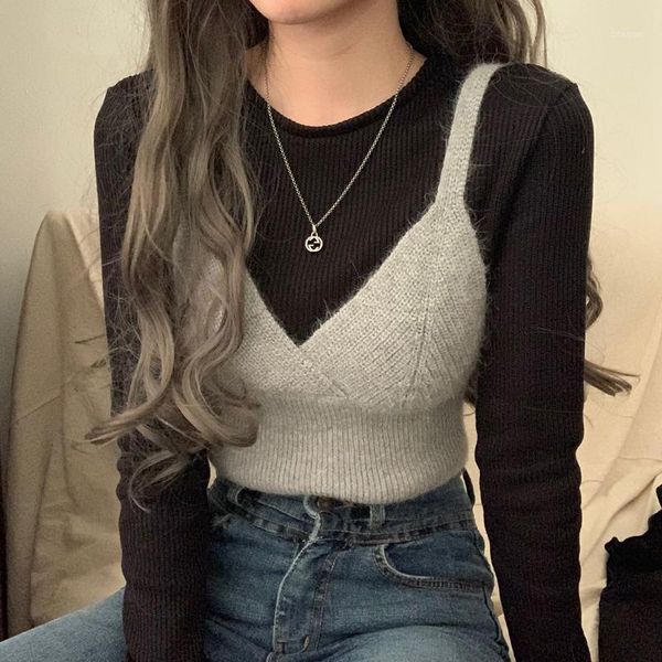 women's sweaters 2021 fashion two piece set women knitted sleeveless sweater vest + long sleeve kntted sweter woman crop top, White;black
women's sweaters 2021 fashion two piece set women knitted sleeveless sweater vest + long sleeve kntted sweter woman crop top, White;black