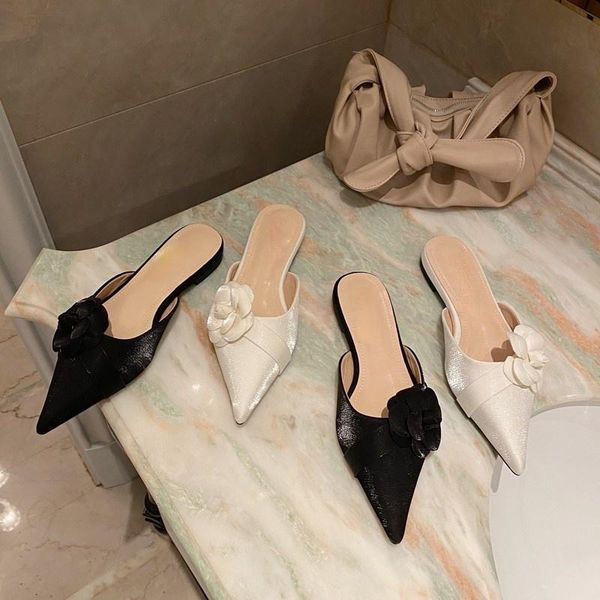 designer slippers pointed-toe semi-slippers women's summer outdoor closed toe applique sandals, Black