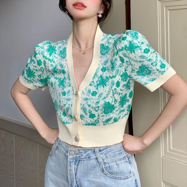 french puff sleeve green flower womens sweaters knit cardigan t shirt summer thin short top, White;black
french puff sleeve green flower womens sweaters knit cardigan t shirt summer thin short top, White;black