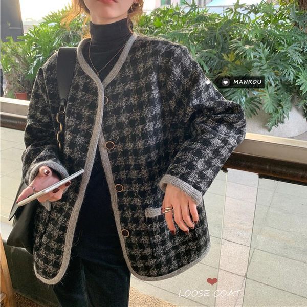 women's wool & blends 2021 autumn winter korean versatile loose small fragrant tweed with cotton plaid coat, Black
women's wool & blends 2021 autumn winter korean versatile loose small fragrant tweed with cotton plaid coat, Black