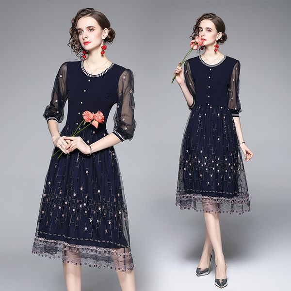 french girl skirt heavy industry embroidery mesh dress 2021 temperament medium long splicing fake two-piece set knitted, Black;gray
french girl skirt heavy industry embroidery mesh dress 2021 temperament medium long splicing fake two-piece set knitted, Black;gray