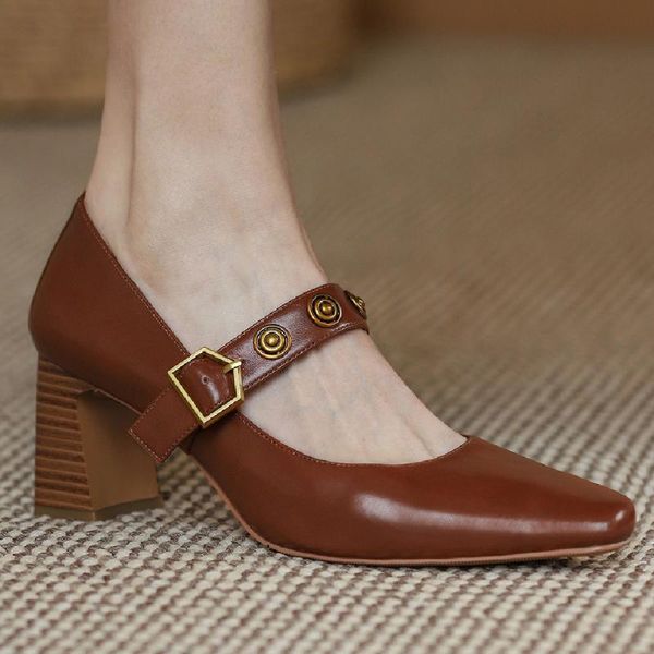 women's genuine leather thick high heel metal bucke mary jane pumps rivet buckle square toe elegant ladies soft comfortable shoe dress, Black
women's genuine leather thick high heel metal bucke mary jane pumps rivet buckle square toe elegant ladies soft comfortable shoe dress, Black