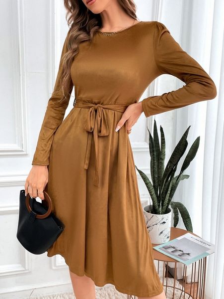 puff sleeve belted a-line dress l9cs#, Black;gray