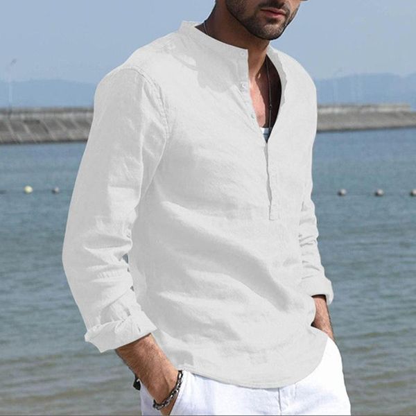 men's casual shirts 2021 fashion solid color men blouse linen standing collar loose shirt autumn handsome male, White;black
men's casual shirts 2021 fashion solid color men blouse linen standing collar loose shirt autumn handsome male, White;black
