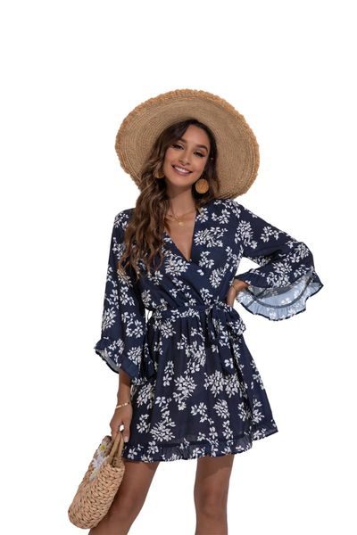 casual dresses summer elegant women midi dress floral print bohemian beach fashion ruffle flared sleeve 2021, Black;gray 
casual dresses summer elegant women midi dress floral print bohemian beach fashion ruffle flared sleeve 2021, Black;gray