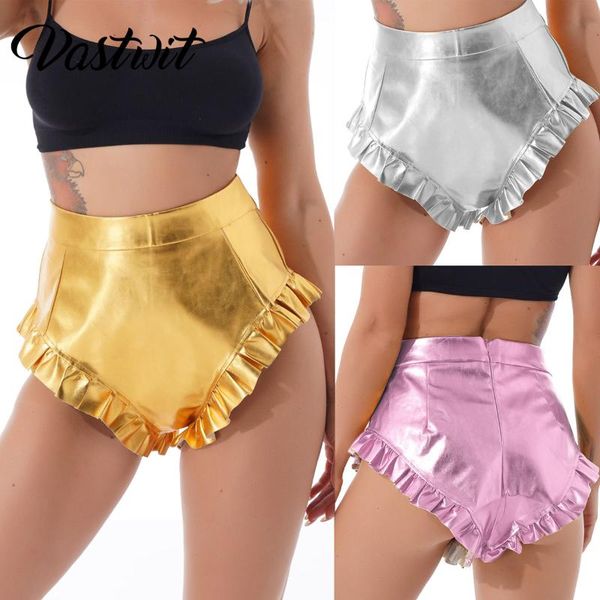 women's shorts faux leather mini women metallic shiny ruffle short y2k high waist streetwear, White;black 
women's shorts faux leather mini women metallic shiny ruffle short y2k high waist streetwear, White;black