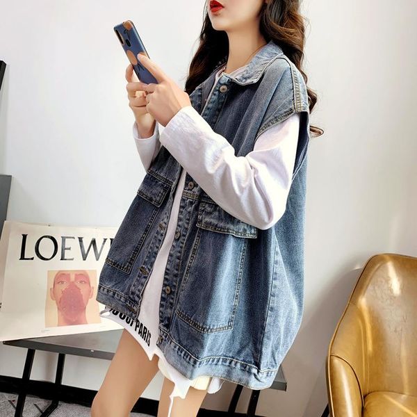 women's vests bf style loose denim vest 2021 vintage sleeveless jean waistcoat jacket spring autumn female streetwear coat outerwear, Black;white
women's vests bf style loose denim vest 2021 vintage sleeveless jean waistcoat jacket spring autumn female streetwear coat outerwear, Black;white
