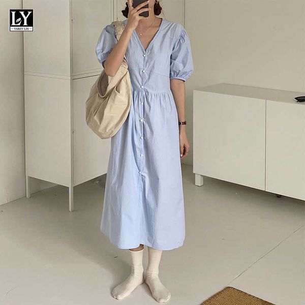 ly varey lin summer women casual v-neck single breasted dresses sweet puff sleeve solid color office lady 210526, Black;gray
ly varey lin summer women casual v-neck single breasted dresses sweet puff sleeve solid color office lady 210526, Black;gray
