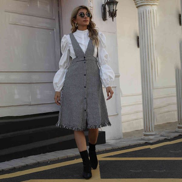 women houndstooth strap ladies dress spring buttons for female 210524, Black;gray
women houndstooth strap ladies dress spring buttons for female 210524, Black;gray