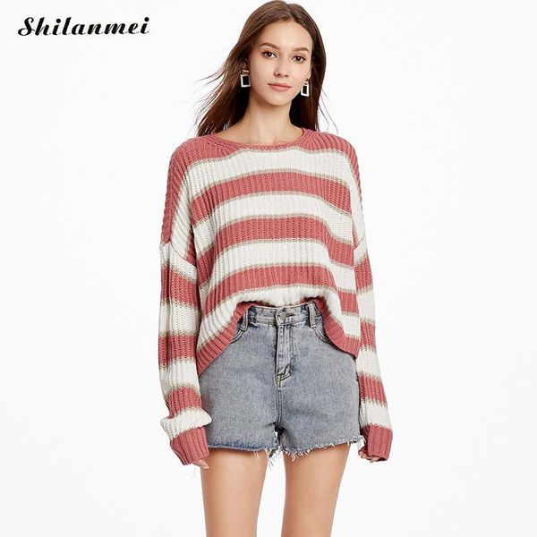 women's sweaters casual knitted sweater women streetwear pink striped coat loose o neck long sleeve pullovers 2021 spring autumn, White;black
women's sweaters casual knitted sweater women streetwear pink striped coat loose o neck long sleeve pullovers 2021 spring autumn, White;black