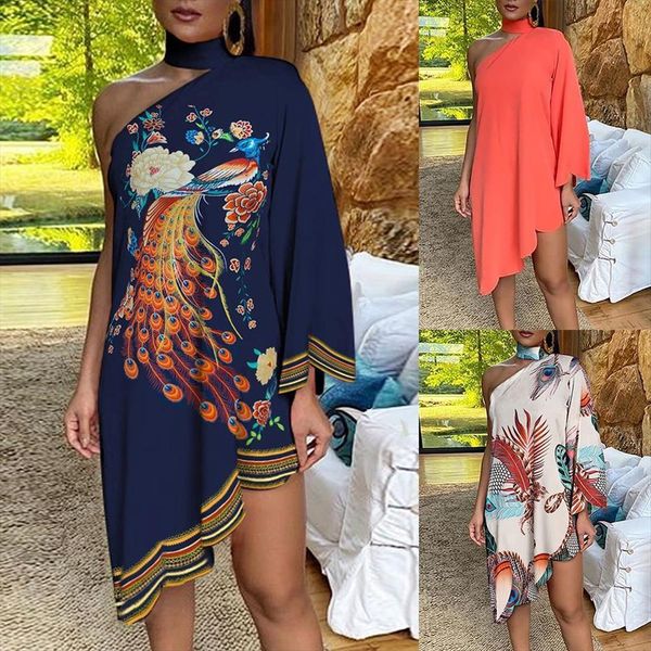 summer fashion choker peacock print women dress one shoulder irregular ruffled hem party, Black;gray
summer fashion choker peacock print women dress one shoulder irregular ruffled hem party, Black;gray