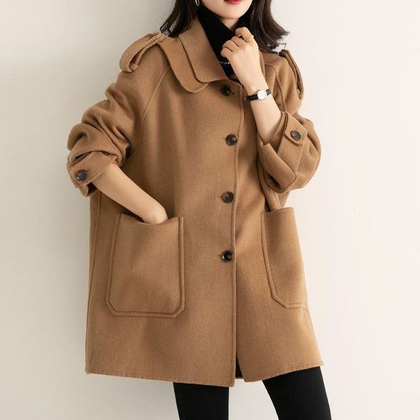 women's wool & blends loose oversized solid color coat with pockets womens casual temperament turn-down collar single-breasted outerwea, Black
women's wool & blends loose oversized solid color coat with pockets womens casual temperament turn-down collar single-breasted outerwea, Black