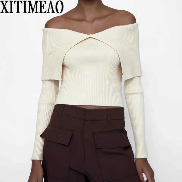 za women fashion with exposed shoulders fitted knitted sweater vintage v neck long sleeve female pullovers chic 210602, White;black
za women fashion with exposed shoulders fitted knitted sweater vintage v neck long sleeve female pullovers chic 210602, White;black