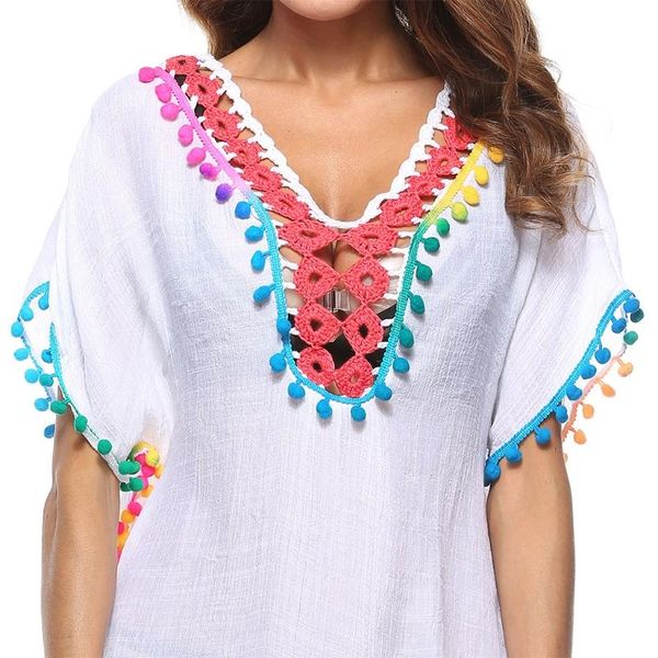 women's swimwear women bathing suit bikini cover ups deep v-neck hollow out crochet rainbow pom tassel side split beach dress, White;black
women's swimwear women bathing suit bikini cover ups deep v-neck hollow out crochet rainbow pom tassel side split beach dress, White;black