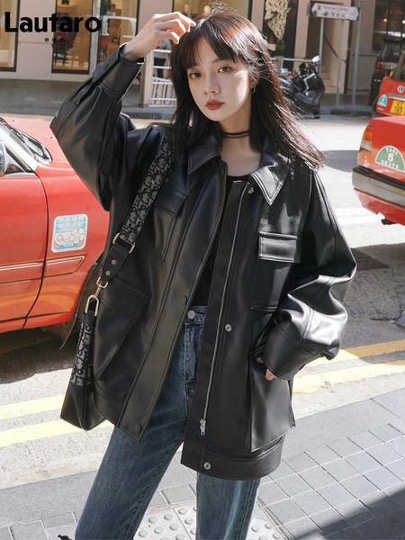 lautaro spring oversized cargo leather jacket women long sleeve many pockets zipper black soft faux leather jackets for women 211011
lautaro spring oversized cargo leather jacket women long sleeve many pockets zipper black soft faux leather jackets for women 211011