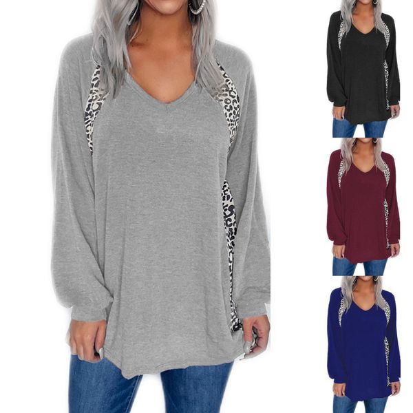 2021 winter solid color leopard pattern splicing v-neck loose sleeve t-shirt for women, White
2021 winter solid color leopard pattern splicing v-neck loose sleeve t-shirt for women, White