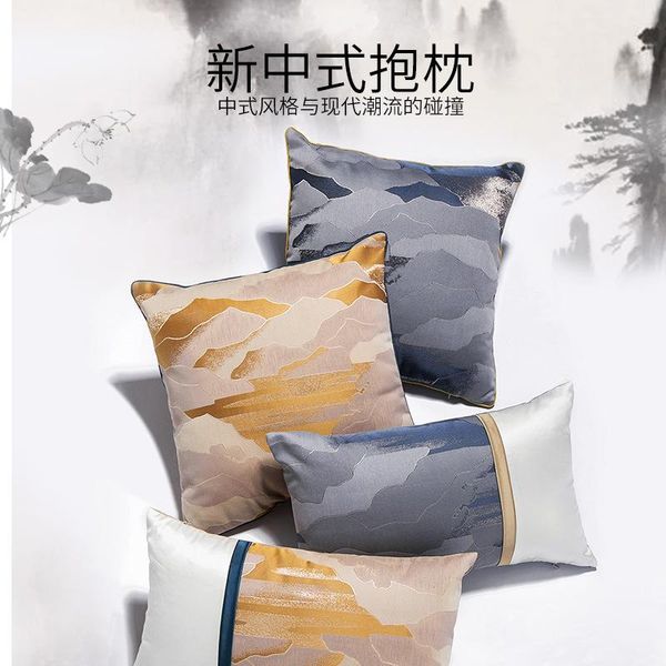 chinese style high mountain and flowing water blue cushion cover imagery painting yellow waist pillowcase cushion/decorative pillow