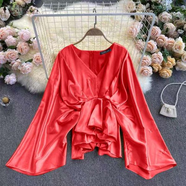 women's blouses & shirts office work v neck chemise fashion women satin blouse casual pleated long flare sleeve shirt spring back zip, White
women's blouses & shirts office work v neck chemise fashion women satin blouse casual pleated long flare sleeve shirt spring back zip, White