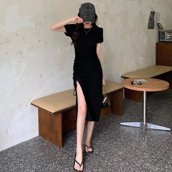summer korean temperament drawstring womens dresses solid color party vintage elegant short sleeve ladies, Black;gray
summer korean temperament drawstring womens dresses solid color party vintage elegant short sleeve ladies, Black;gray