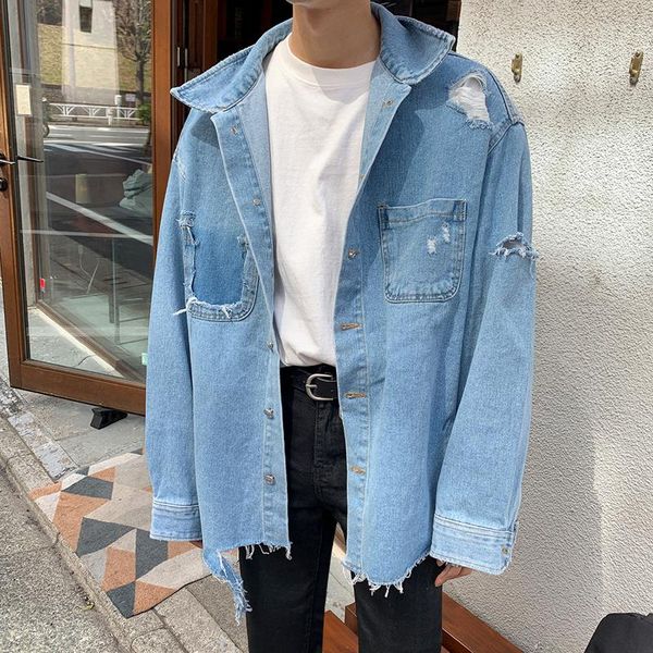 men's denim blue casual loose jacket holes burrs outwear e3 jackets, Black;brown
men's denim blue casual loose jacket holes burrs outwear e3 jackets, Black;brown