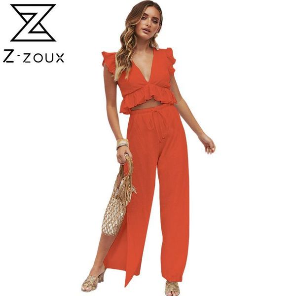 women sets pants deep v neck sleeveless ruffle chiffon split wide leg two piece and 210524, White
women sets pants deep v neck sleeveless ruffle chiffon split wide leg two piece and 210524, White