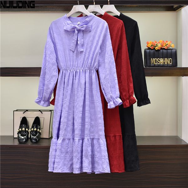 women long sleeve solid bow collar dresses spring summer female flared elastic waist midi dress mujer vestidos 210514, Black;gray
women long sleeve solid bow collar dresses spring summer female flared elastic waist midi dress mujer vestidos 210514, Black;gray
