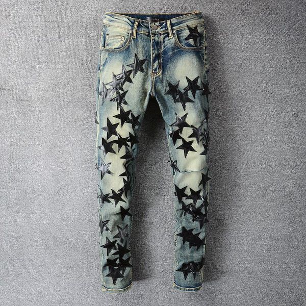 men's jeans pantalon homme trendy black star pattern patch street motorcycle pants punk denim long hip hop men, Blue
men's jeans pantalon homme trendy black star pattern patch street motorcycle pants punk denim long hip hop men, Blue