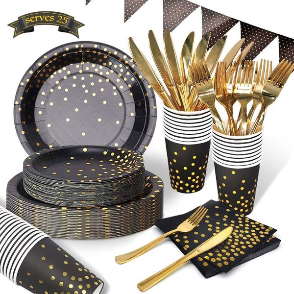 disposable dinnerware black gold party tableware sets decorations supplies golden dot plates for graduation birthday cocktail
disposable dinnerware black gold party tableware sets decorations supplies golden dot plates for graduation birthday cocktail