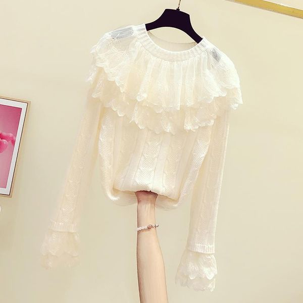 women's sweaters 2021 autumn and winter korean knitted shirt sweet lace ruffled doll collar bell sleeve casual knitwear, White;black
women's sweaters 2021 autumn and winter korean knitted shirt sweet lace ruffled doll collar bell sleeve casual knitwear, White;black