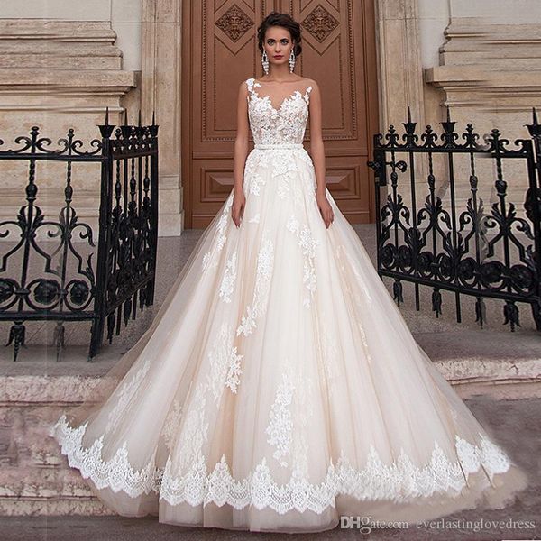 new style sheer scoop neckline champagne color ball gowns wedding dress applique lace illusion back bridal dress vestido para casamento, White
new style sheer scoop neckline champagne color ball gowns wedding dress applique lace illusion back bridal dress vestido para casamento, White