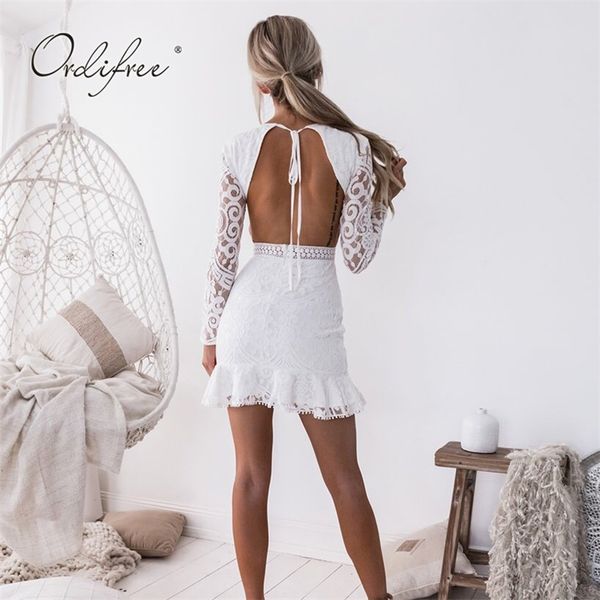 summer women bodycon party dress long sleeve backless white lace mini 210513, Black;gray
summer women bodycon party dress long sleeve backless white lace mini 210513, Black;gray