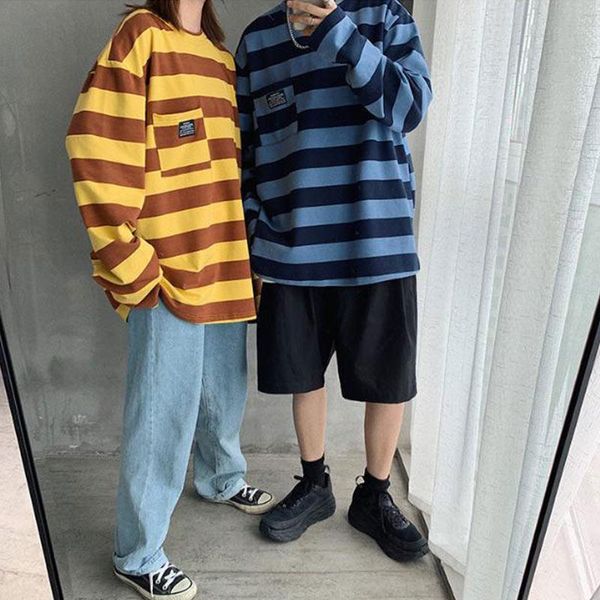 women's t-shirt women student couple long sleeve round collar striped casual loose a66, White
women's t-shirt women student couple long sleeve round collar striped casual loose a66, White