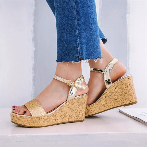 sandals 2021 sequined cloth platform ladies shoes peep toe buckle high heels wedges women blue gold party pumps size 34-40, Black 
sandals 2021 sequined cloth platform ladies shoes peep toe buckle high heels wedges women blue gold party pumps size 34-40, Black