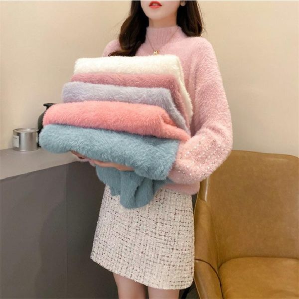 women's sweaters autumn winter fashion style half high collar loose imitation mink velvet beaded knitted thick base sweater women trend, White;black
women's sweaters autumn winter fashion style half high collar loose imitation mink velvet beaded knitted thick base sweater women trend, White;black