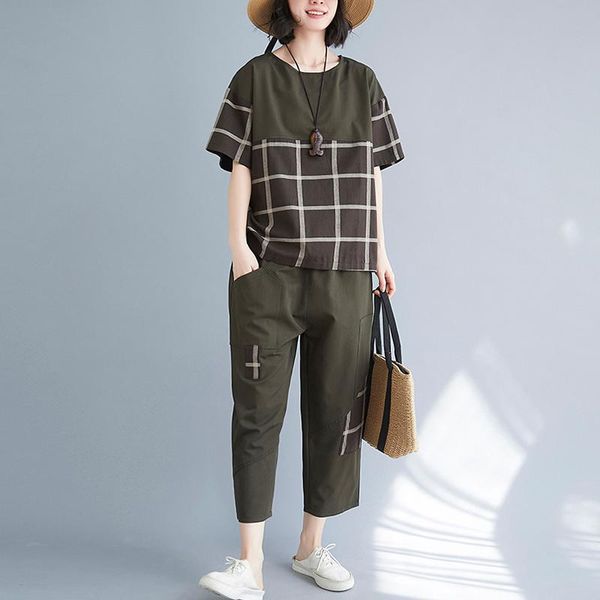 women two-piece suit casual cotton and linen summer plaid short sleeve nine-point pants ladies o-neck harajuku style loose women's two, White
women two-piece suit casual cotton and linen summer plaid short sleeve nine-point pants ladies o-neck harajuku style loose women's two, White
