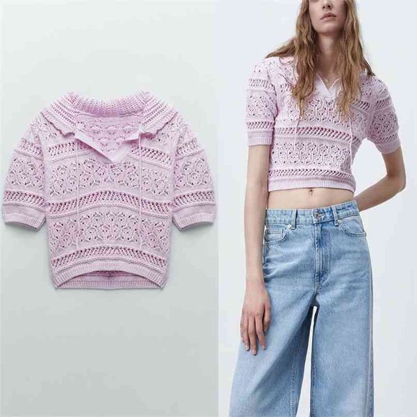 pink cropped knit sweater women short sleeve drawcord lapel collar spring pullover woman openwork vintage knitted 210524, White
pink cropped knit sweater women short sleeve drawcord lapel collar spring pullover woman openwork vintage knitted 210524, White