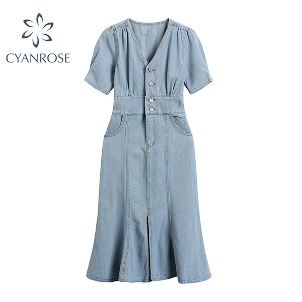 blue denim dress women short sleeve high waist slim vintage v neck buttons jean dresses elegant retro korean ins vestidos mujer 210430, Black;gray
blue denim dress women short sleeve high waist slim vintage v neck buttons jean dresses elegant retro korean ins vestidos mujer 210430, Black;gray