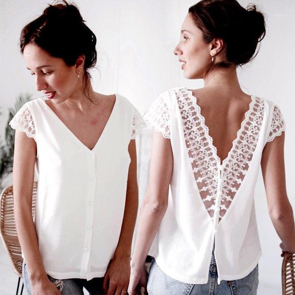 backless blouse women summer clothes v-neck button front short sleeve lace ladies casual loose solid shirts women's blouses &, White
backless blouse women summer clothes v-neck button front short sleeve lace ladies casual loose solid shirts women's blouses &, White