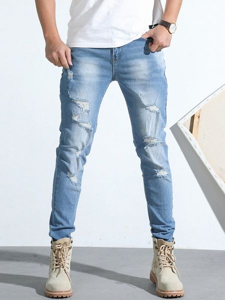 men slant pocket ripped jeans k9dx#, Blue
