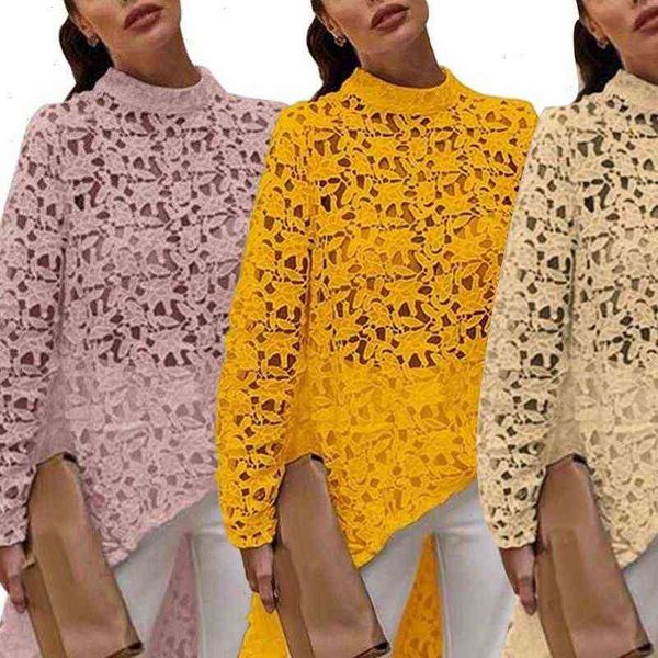 women shirts fashion spring autumn solid color hollow out lace blouse low round neck high hem, White
women shirts fashion spring autumn solid color hollow out lace blouse low round neck high hem, White