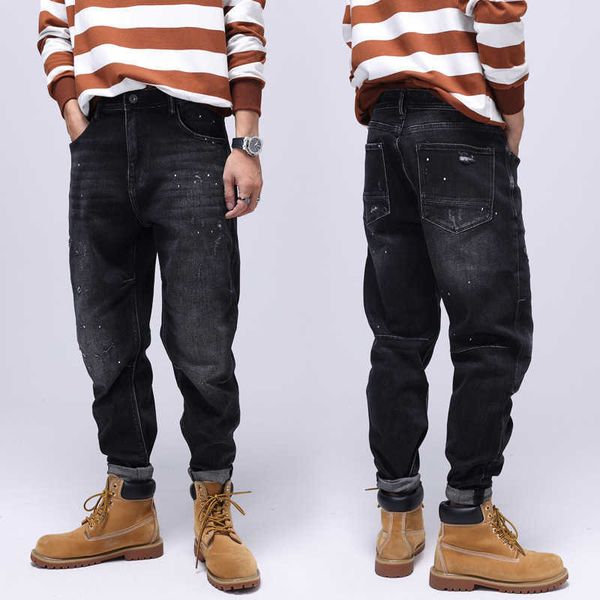 street style fashion men jeans black elastic loose fit ripped spliced painted designer hip hop splashed denim pants, Blue
street style fashion men jeans black elastic loose fit ripped spliced painted designer hip hop splashed denim pants, Blue